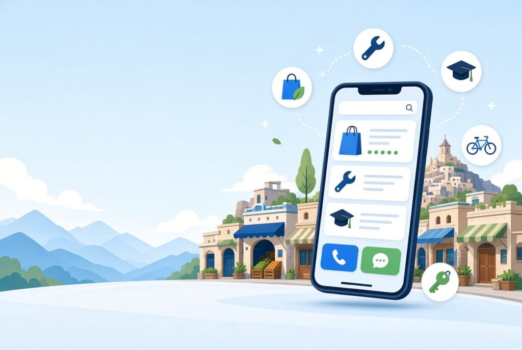 Illustration of a local marketplace in Pirpiai and Nowshera with a phone showing ads and call buttons